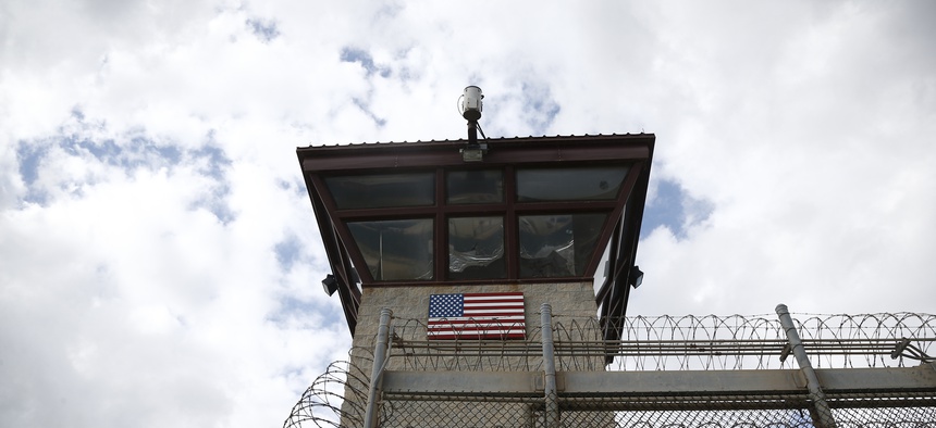 A photo of a guard tower at the entrance to the Camp VI facility at Guantanamo Bay Naval Base, taken on November 19, 2013.