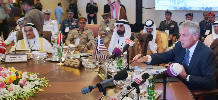 Defense Secretary Chuck Hagel speaks at the opening session of the Gulf Cooperation Council in Jiddah, Saudi Arabia, on May 14, 2014.