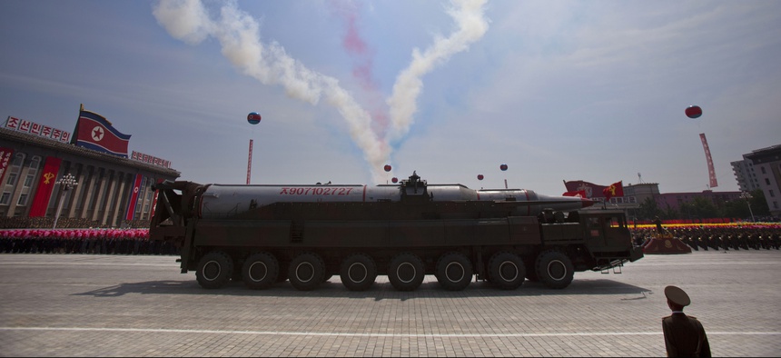 A North Korean missile rolls through Kim Il Sung Square in Pyongyang during a military parade on July 27, 2013.