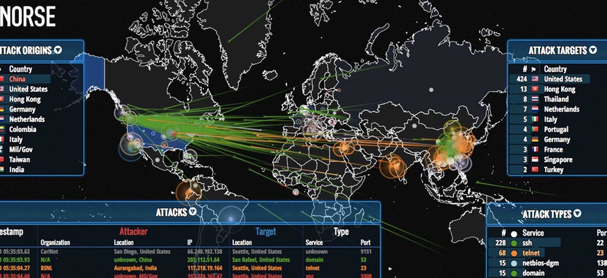 A live rendering of cyber attacks happening in real time, produced by Norse.