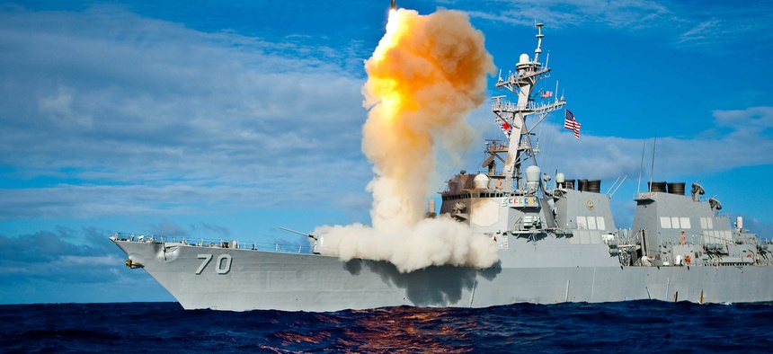 The USS Hopper, an Aegis-class destroyer, fires a Standard Missile 3 interceptor during Exercise Stellar Avenger.
