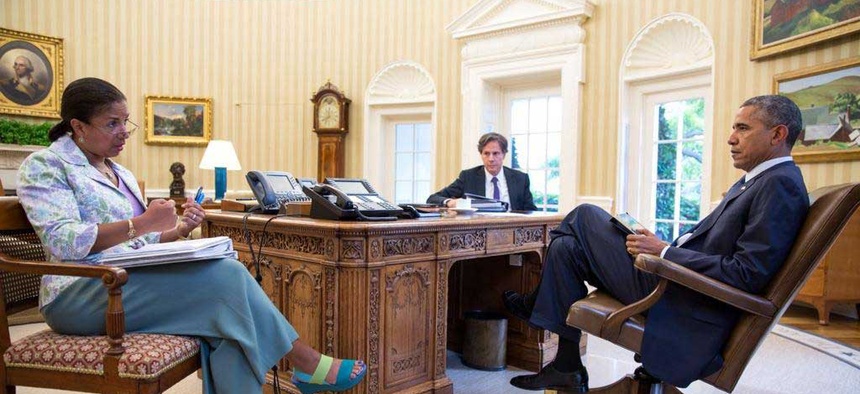 President Obama meets with National Security Advisor Susan Rice and Deputy National Security Advisor Tony Blinken in the Oval Office.