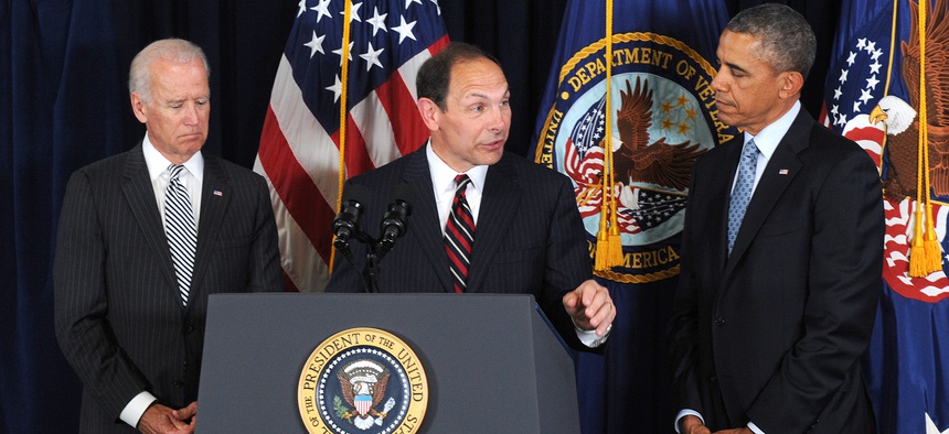 VA Secretary Robert McDonald stands with President Obama and Vice President Joe Biden as he is nominated to lead the department at a ceremony on June 30, 2014.