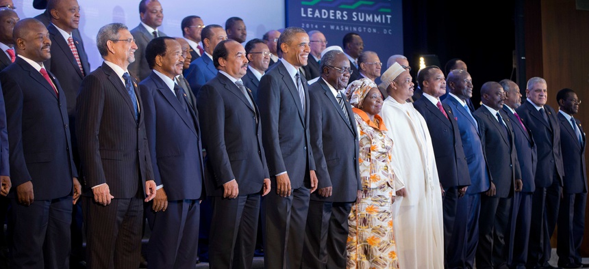 President Obama stands with African leaders during a family photo session at the U.S.-Africa Leaders Summit, on August 6, 2014, at the State Department.