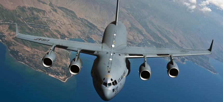 A U.S. Air Force C-17 prepares to refuel during a demonstration over Kyrgyzstan.