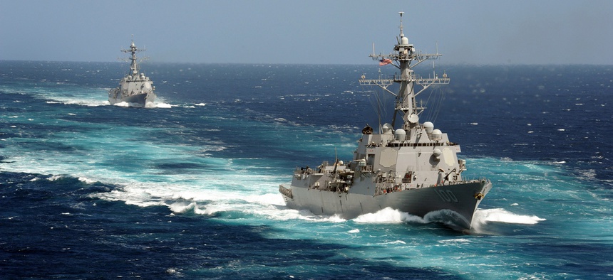 The USS Kidd and USS Pinckney participate in a training unit exercise off of the Southern California coast.