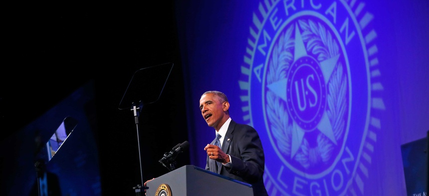 President Obama speaks about veterans issues at the American Legion's 96th National Convention at the Charlotte Convention Center in Charlotte, N.C., on August 26, 2014.