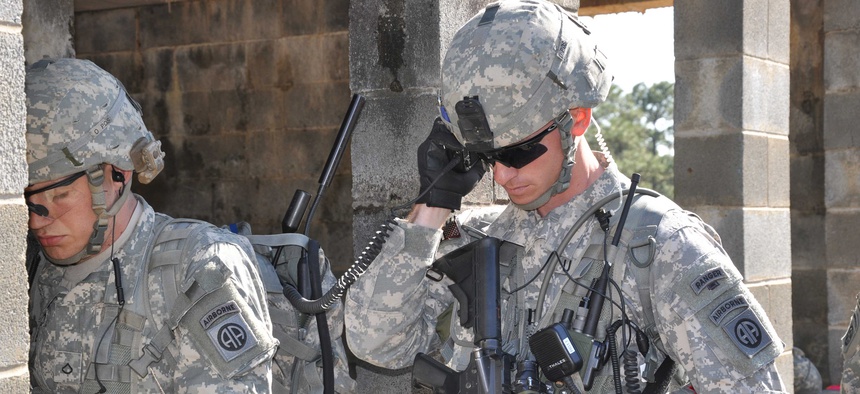 Paratroopers from the 3rd Brigade Combat Team, 82nd Airborne Division use Joint Tactical Radio System radios to communicate during an exercise at Fort Bragg, N.C.
