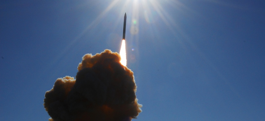 A ground based interceptor lifts off from Vandenberg Air Force Base during a test of the Ballistic Missile Defense System.