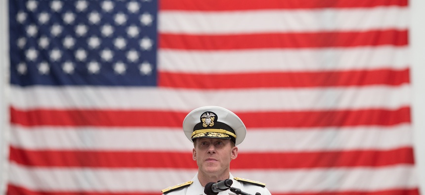 Adm. Michael S. Rogers, commander of U.S. CYBERCOM and Director of the NSA, speaks during a Memorial Day ceremony at Fort Meade, on May 18, 2014.