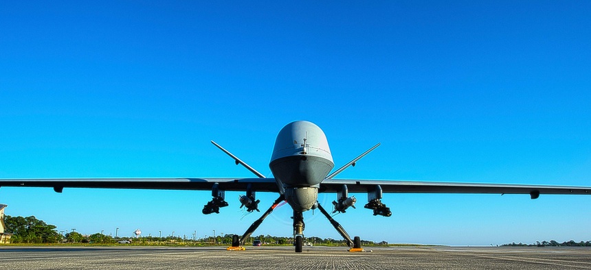 An MQ-9 Reaper sits on the flight line at Hurlburt Field, Fla, on May 3, 2014.