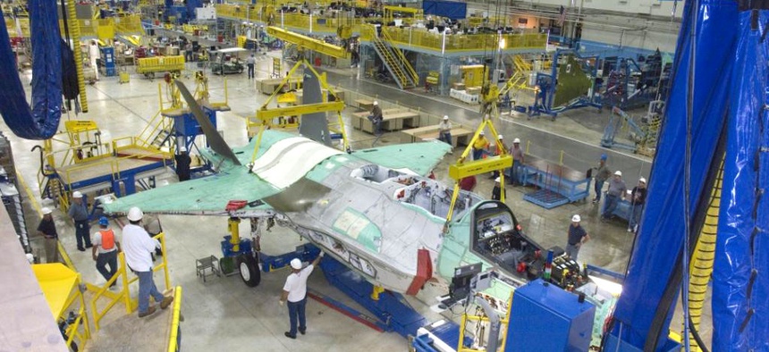 An F-35 under construction sits in a production line in one of Lockheed Martin's factories.