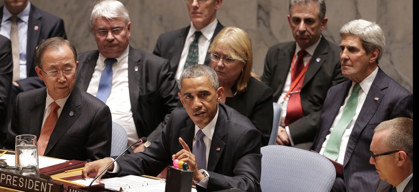 President Obama (center) speaks during a meeting of the U.N. Security Council, on September 24, 2014.