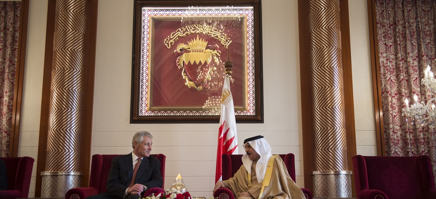Defense Secretary Chuck Hagel meets with King Hamad of Bahrain at the Safriya palace in Manama, on December 12, 2013.
