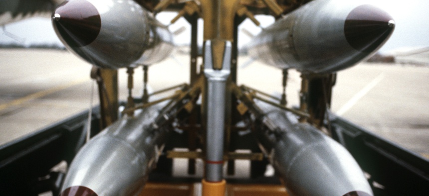 A view of four B-61 nuclear free-fall bombs resting on a bomb cart at Barksdale Air Force Base, La.