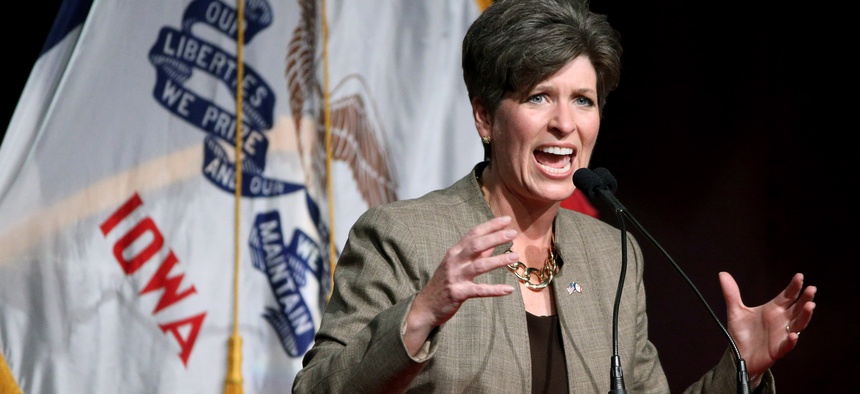 Republican senatorial candidate State Sen. Joni Ernst, speaks during the Iowa Faith and Freedom Coalition fall fundraiser on Saturday, Sept. 27, 2014, in Des Moines, Iowa.