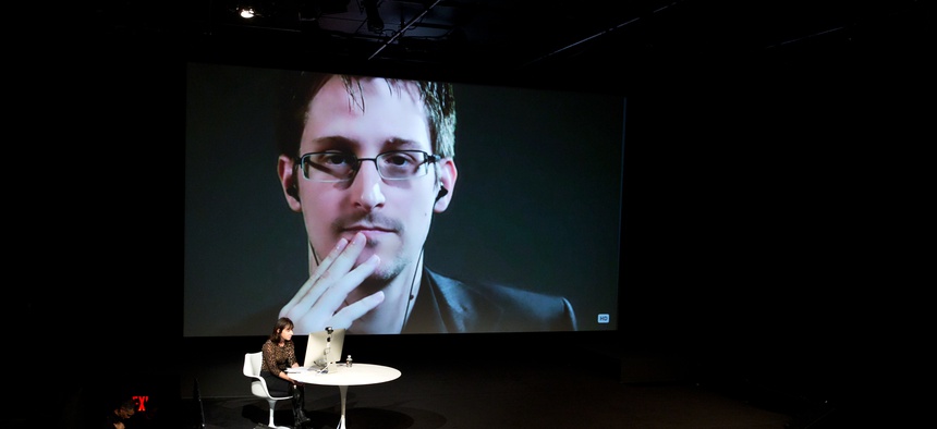 Edward Snowden talks with Jane Mayer via satellite at the 15th Annual New Yorker Festival, on October 11, 2014.