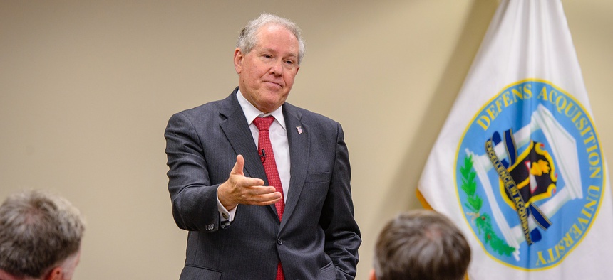 Under Secretary of Defense for Acquisition, Technology and Logistics Frank Kendall speaks to faculty at the Defense Acquisition University at Fort Belvoir, Virginia.