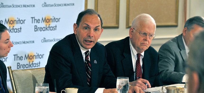 VA Secretary Bob McDonald speaks to reporters and other guests at a breakfast sponsored by the Christian Science Monitor.
