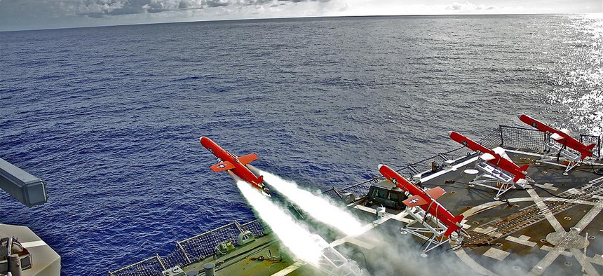 A BQM-74E drone is launched from the deck of the USS Lassen during a missile exercise, on September 21, 2010.