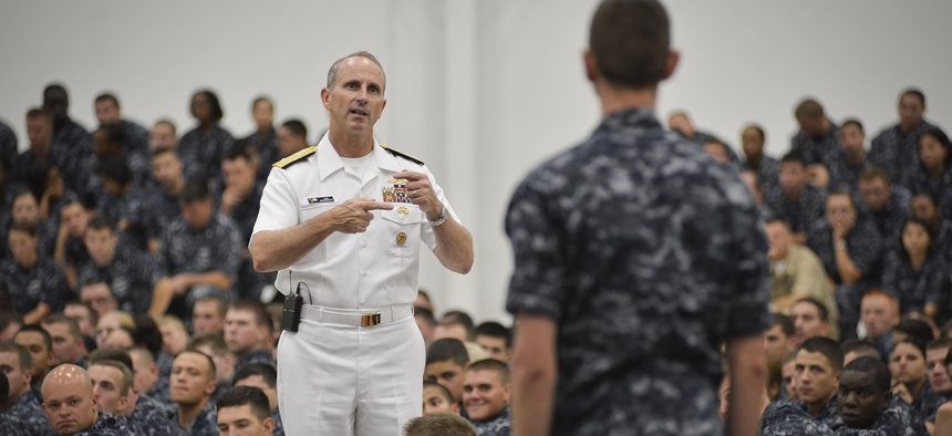 Chief of Naval Operations Adm. Jonathan Greenert speaks to more than 3,700 Sailors during an all-hands call with students and staff at Naval Education and Training Command.