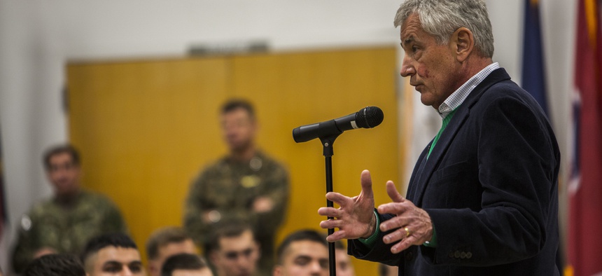 Defense Secretary Chuck Hagel speaks to Marines with II Marine Expeditionary Force and Special Purpose Marine Air Ground Task Force for Crisis Response at Camp Lejeune, N.C., on Tuesday..