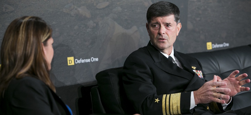 Vice Adm. William Moran chats with Defense One Managing Editor Stephanie Gaskell at the annual Defense One Summit.