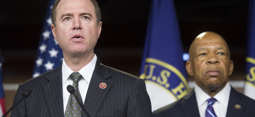Rep. Adam Schiff, D-Calif., speaks to reporters during a press conference on Capitol Hill.