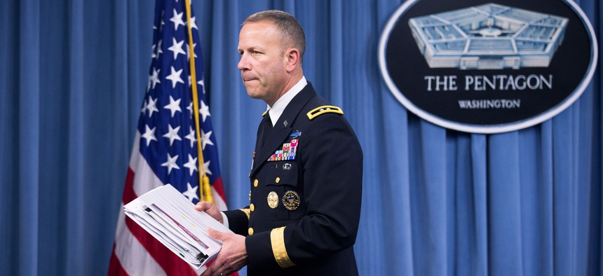 Maj. Gen Jeffrey Snow, the head of the Sexual Assault Prevention and Response Office, leaves a news conference at the Pentagon, on May 1, 2014.