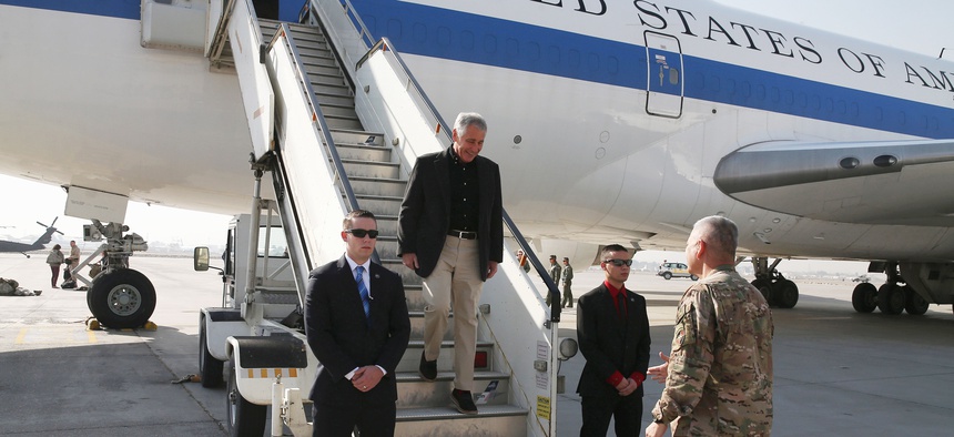 Defense Secretary Chuck Hagel arrives in Kabul, Afghanistan, on Saturday.