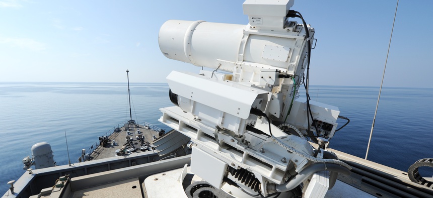 The Afloat Forward Staging Base of the USS Ponce. The Navy conducts an operational demonstration of the Office of Naval Research-sponsored Laser Weapon System (LaWS) while deployed to the Arabian Gulf on November 17th.