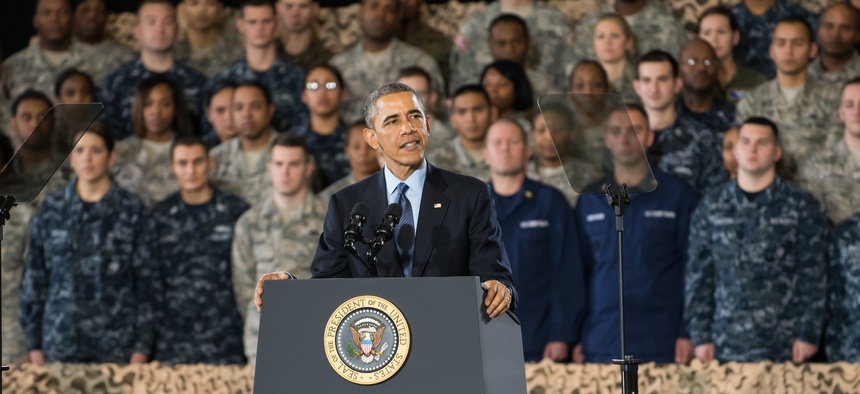 President Barack Obama addresses service members at Joint Base McGuire-Dix-Lakehurst in New Jersey on Dec. 15, 2014.