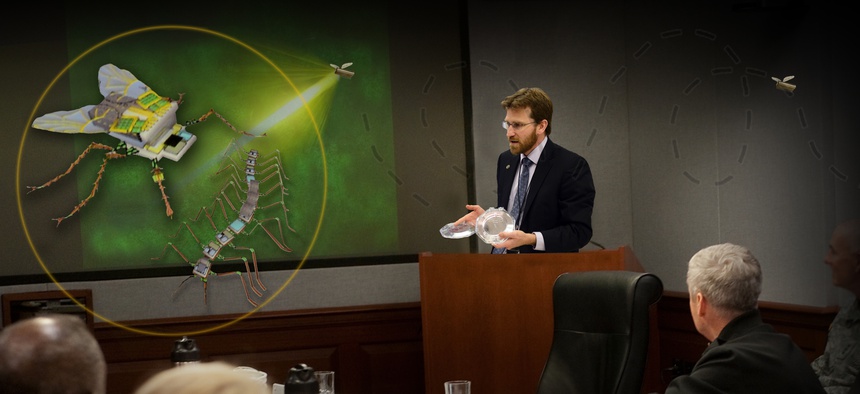 This illustration depicts a simulated briefing about the micro-robotic fly and millipede that Dr. Ron Polcawich and his PiezoMEMS team are developing at the Army Research Laboratory, in Adelphi, Md