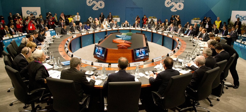 Leaders of the G-20 countries meet during a summit in Brisbane, Australia.