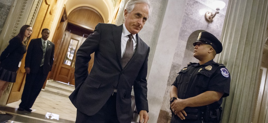Sen. Bob Corker, R-Tenn., leaves the Senate chamber after a roll call vote at the Capitol in Washington, on November 12, 2014.