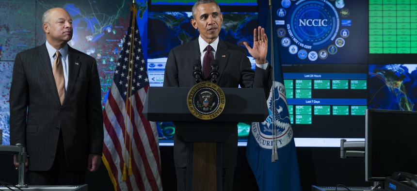 President Obama speaks at the National Cybersecurity and Communications Integration Center, in Arlington Va., on January 13, 2015.