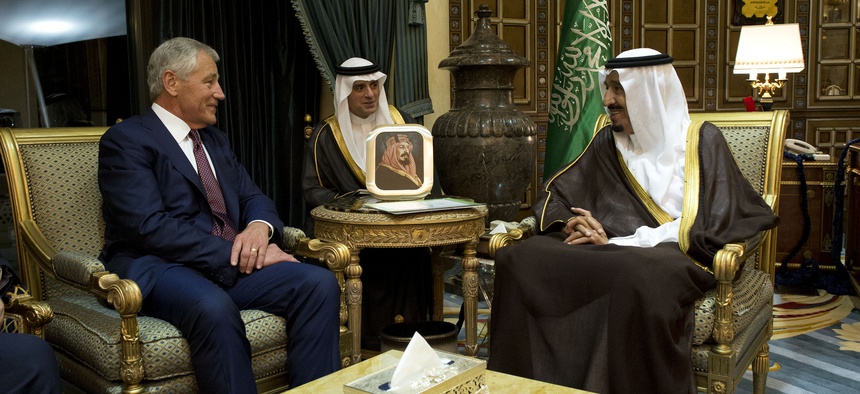 Defense Secretary Chuck Hagel meets with Saudi Arabian Deputy Defense Minister Salman bin Sultan bin Abdulaziz in Riyadh, Saudi Arabia, on December 9, 2013.