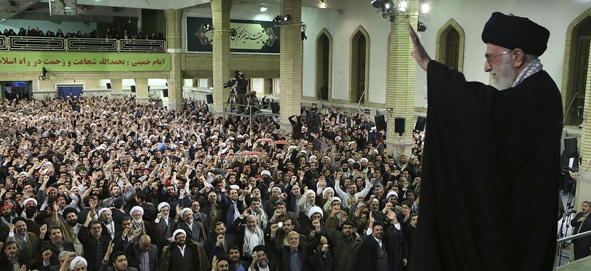 Supreme Leader Ayatollah Ali Khamenei waves to a crowd prior to his speech at his residence in Tehran, Iran, Wednesday, Jan. 7, 2015. Iran's supreme leader said Wednesday the United States cannot be trusted to lift sanctions in a future nuclear deal.