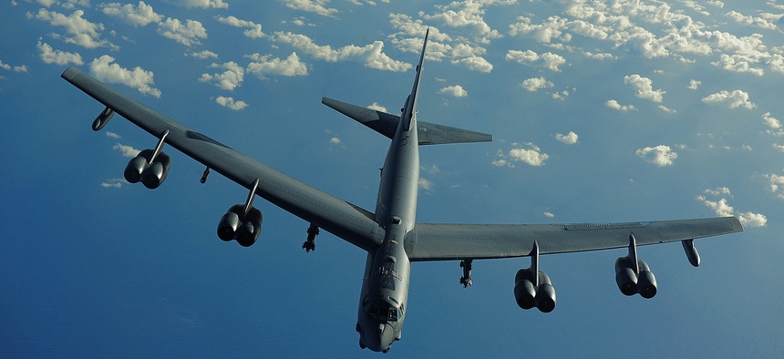 A U.S. Air Force B-52 Stratofortress from the 20th Expeditionary Bomb Squadron, Barksdale Air Force Base, La., flies a mission in support of Rim of the Pacific (RIMPAC) 2010 over the Pacific Ocean July 10, 2010.