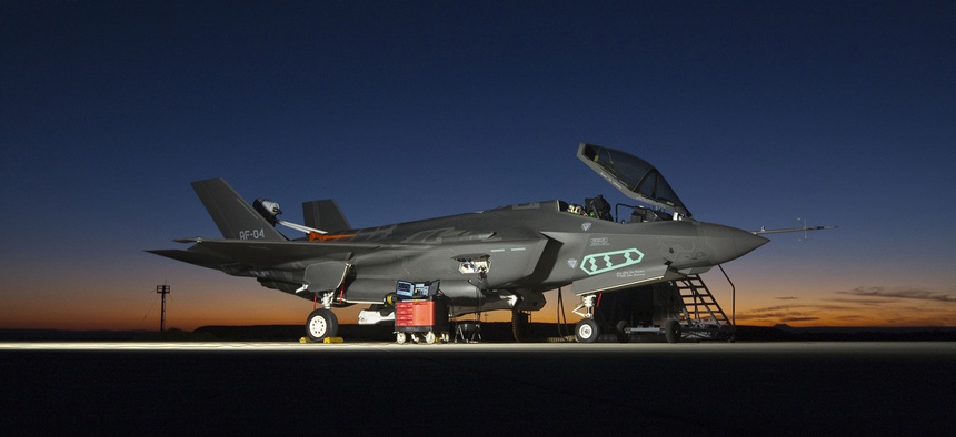 This F-35A Lightning II fighter aircraft, AF-4, is outfitted with a spin recovery chute during high angle of attack testing accomplished by the F-35 Integrated Test Force team at Edwards Air Force Base, Calif.