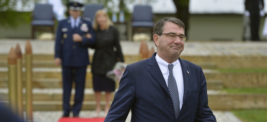 Deputy Defense Secretary Ash Carter departs after presiding over the EUCOM change of command ceremony on May 10, 2013.
