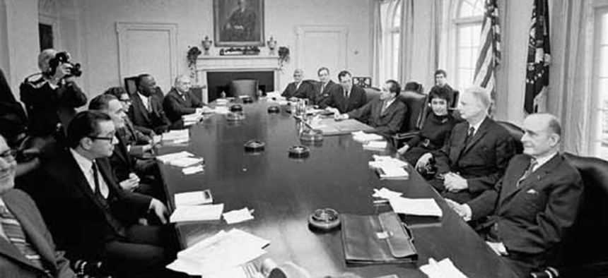 The Gates commission meets at the White House, in 1970.