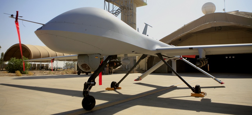 June 21, 2007, a MQ-4 Predator controlled by the 46th Expeditionary Reconnaissance Squadron stands on the tarmac at Balad Air Base, north of Baghdad, Iraq.