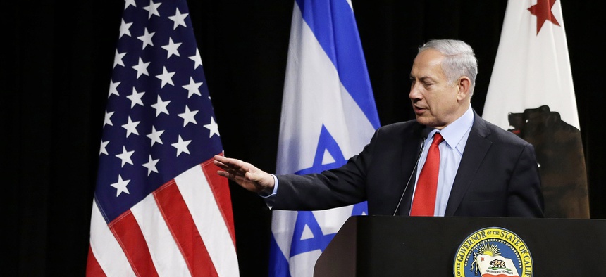 Israeli Prime Minister Benjamin Netanyahu, right, speaks at the Computer History Museum in Mountain View, Calif. on March 5, 2014.