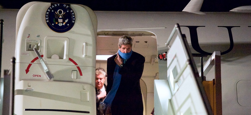 Secretary of State John Kerry deplanes in Geneva, Switzerland, before speaking at the U.N. Human Rights council and further negotiations with Iranian officials over the future of their nuclear program.