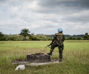A Ghanaian peacekeeper with the UN Mission in Liberia is pictured on guard duty in Cestos City, Liberia.