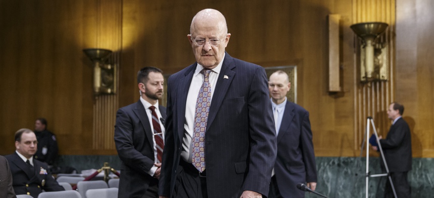 Director of National Intelligence James Clapper arrives on Capitol Hill in Washington, Thursday, Feb. 26, 2015, to testify before the Senate Armed Services Committee.