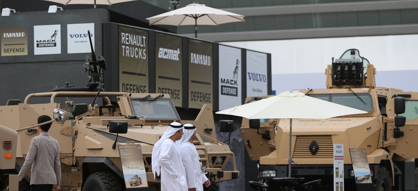 mirati officials visit the International Defence Exhibition and Conference, IDEX, in Abu Dhabi, United Arab Emirates, Sunday, Feb. 22, 2015.