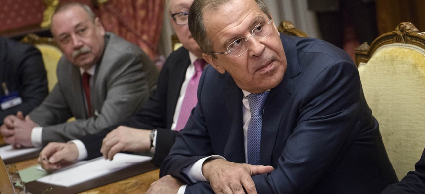 Russian Foreign Minister Sergei Lavrov awaits the start of a negotiating session at au Rivage Palace Hotelin Lausanne, Switzerland, on March 29, 2015.