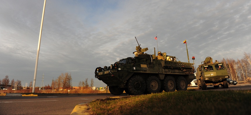 U.S. Army Europe vehicles participate in the "Dragoon Ride," a road march that was meant to showcase the service's capabilities with European allies.